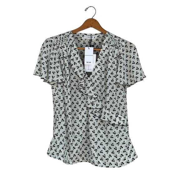 NWT Altuzarra Eldorado Top Size 44 Cream Black Cherry Printed Silk Ruffle Blouse - Picture 2 of 7